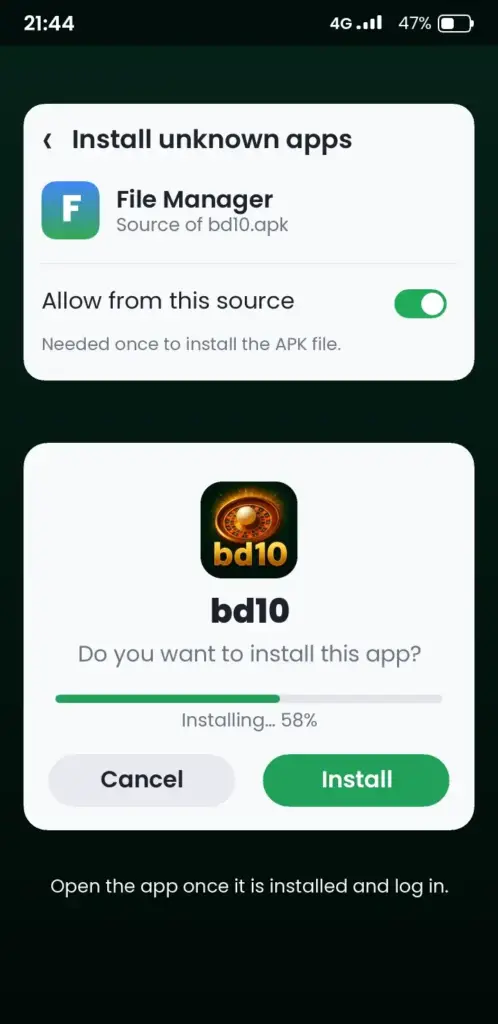 bd10 APK install screen on Android – allow unknown apps and tap Install