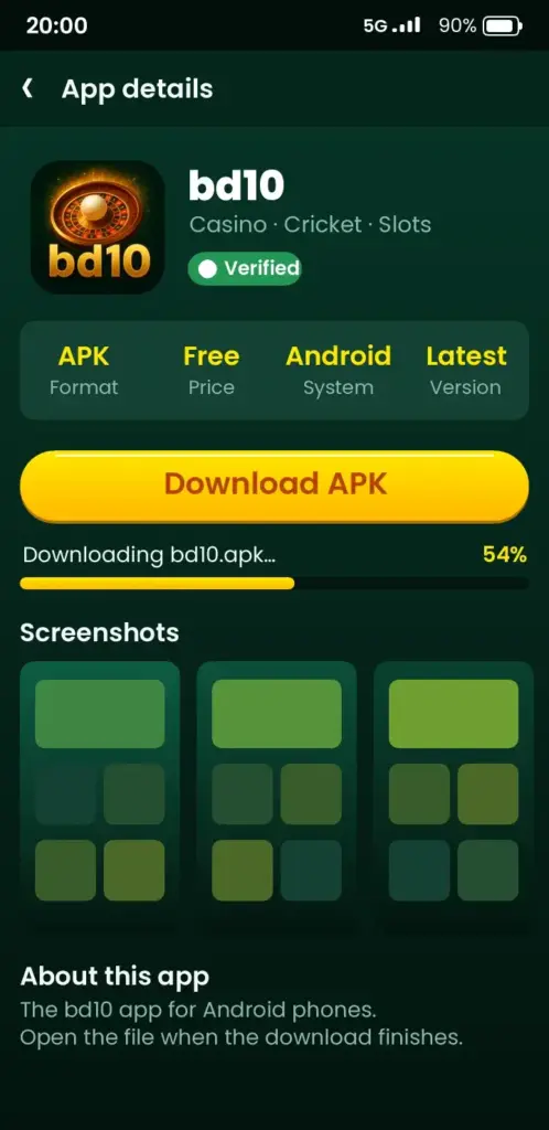 bd10 app download screen with the Download APK button on Android