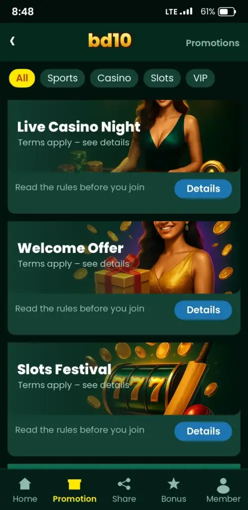 Bd10 Bonuses – bonus and promotions screen in the app