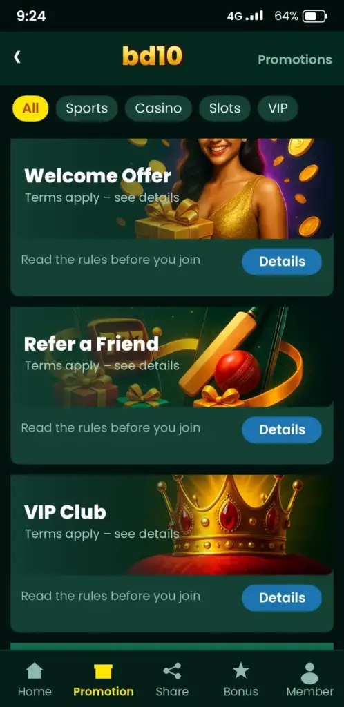 bd10 bonus and promotions screen in the app