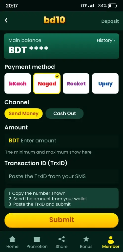 bd10 deposit screen with bKash, Nagad and Rocket payment methods