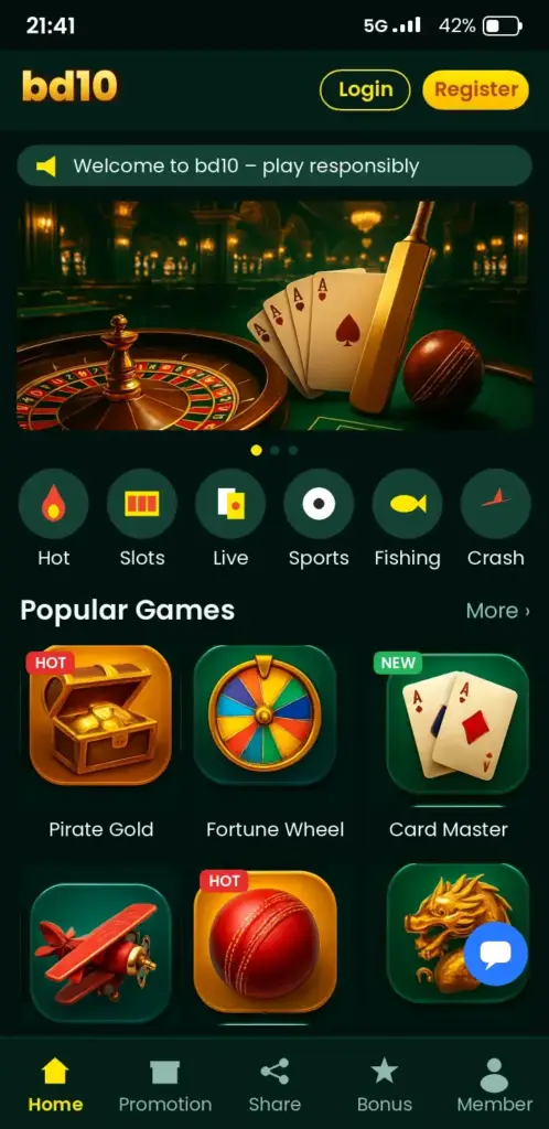 bd10 app game lobby with slots, live casino and crash games