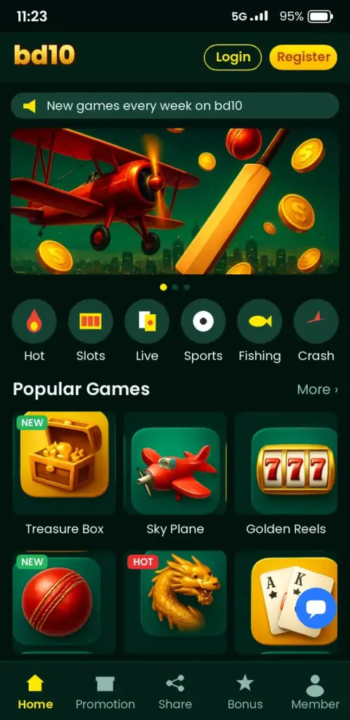 bd10 app game lobby with slots, live casino and crash games