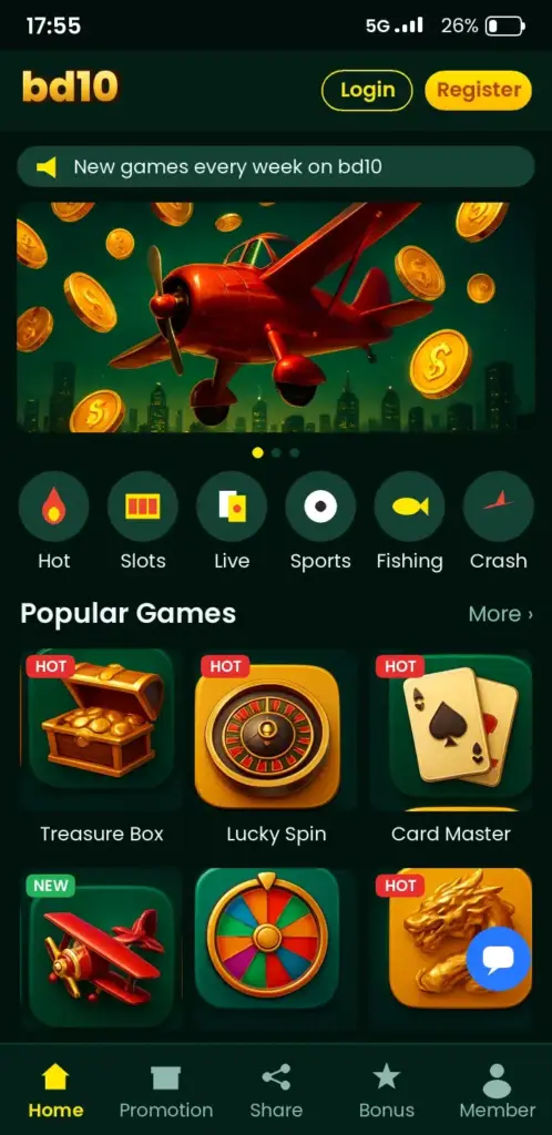 bd10 app game lobby with slots, live casino and crash games