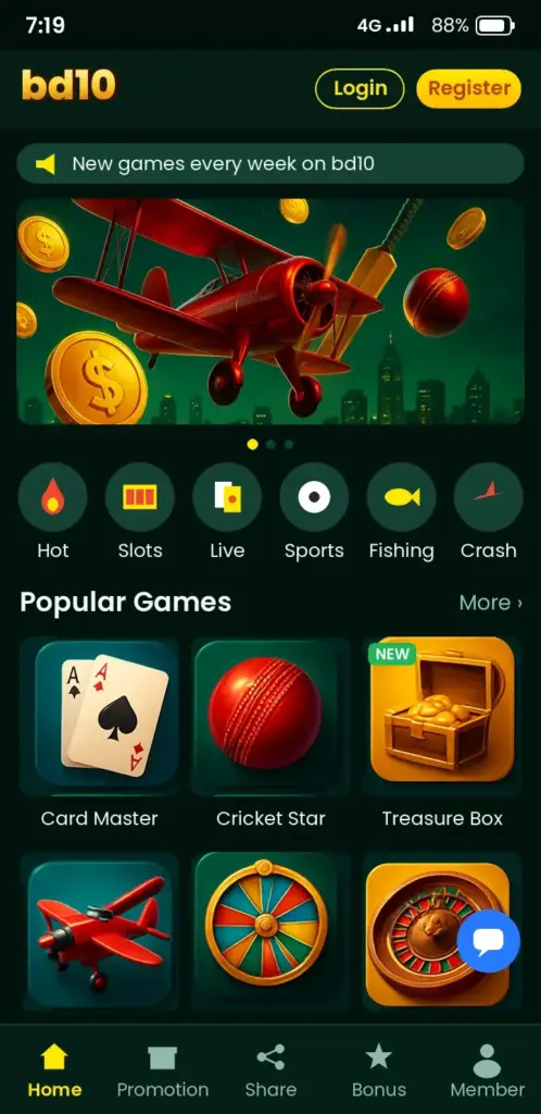 Bd10 Casino Games – app game lobby with slots, live casino and crash games