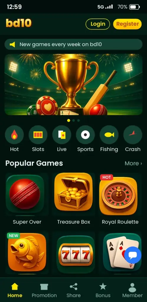 Bd10 Slots – app game lobby with slots, live casino and crash games