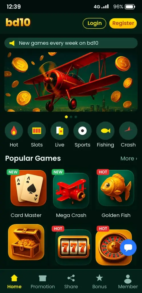 bd10 app game lobby with slots, live casino and crash games