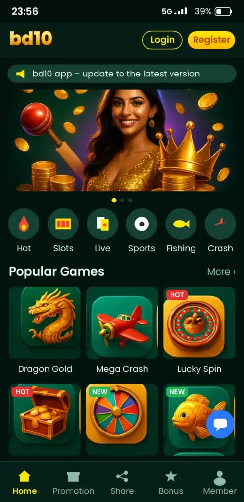 bd10 app game lobby with slots, live casino and crash games