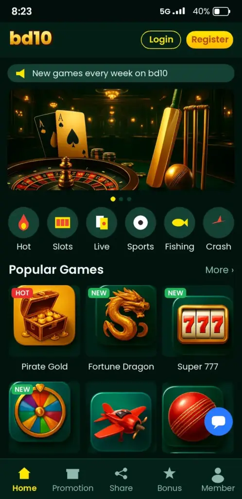 bd10 app game lobby with slots, live casino and crash games